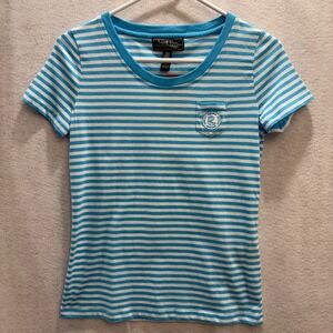 NWT Lauren Ralph Lauren Active Striped Pocket Tee Turquoise White PXS Petite